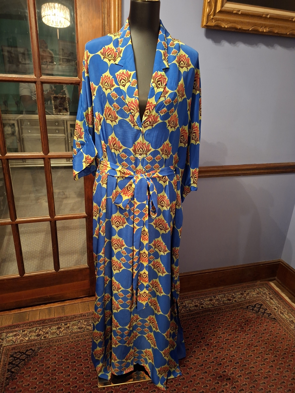Blue Floral-Print Maxi Dress with Self-Tie Belt